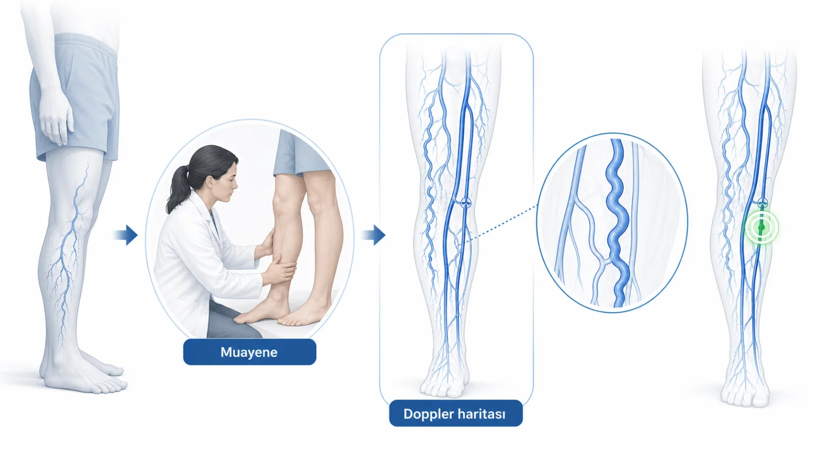 Muayene ve ayakta venöz Doppler haritasının köpük skleroterapi kararına bağlandığı eğitim şeması