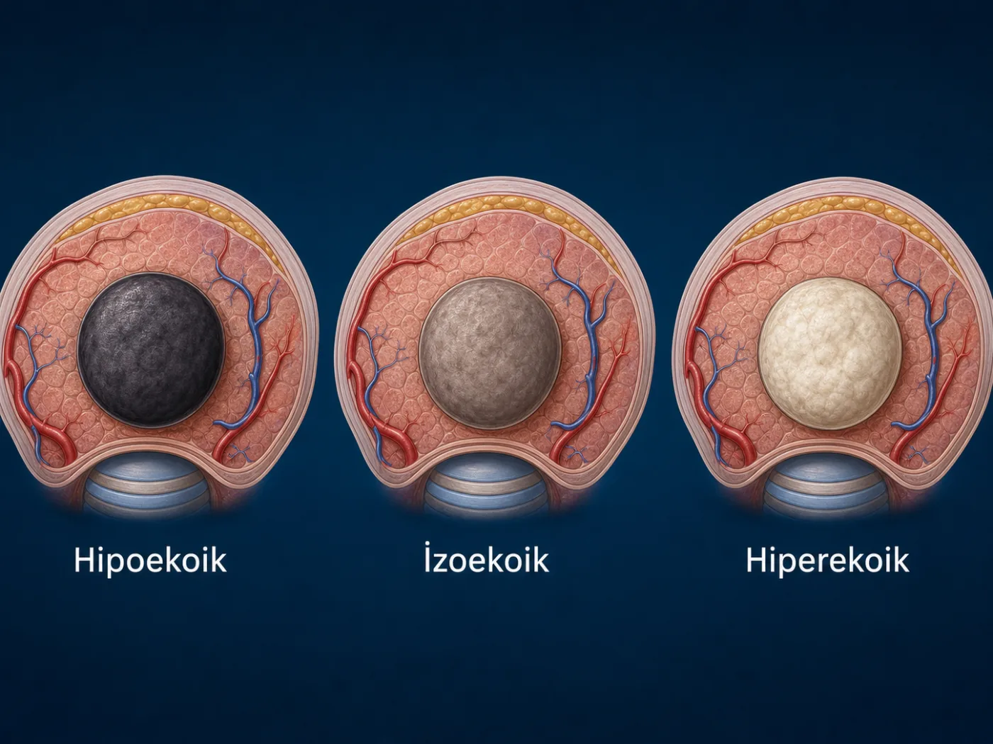 Hipoekoik, izoekoik ve hiperekoik tiroid nodüllerini karşılaştıran şema