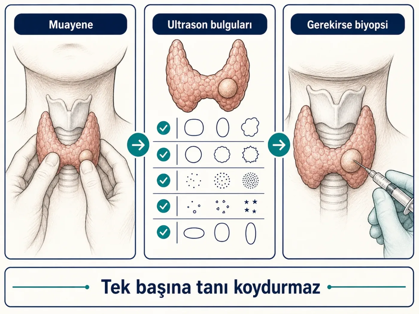 Muayene, ultrason bulguları ve gerektiğinde biyopsiden oluşan tiroid nodülü değerlendirme şeması