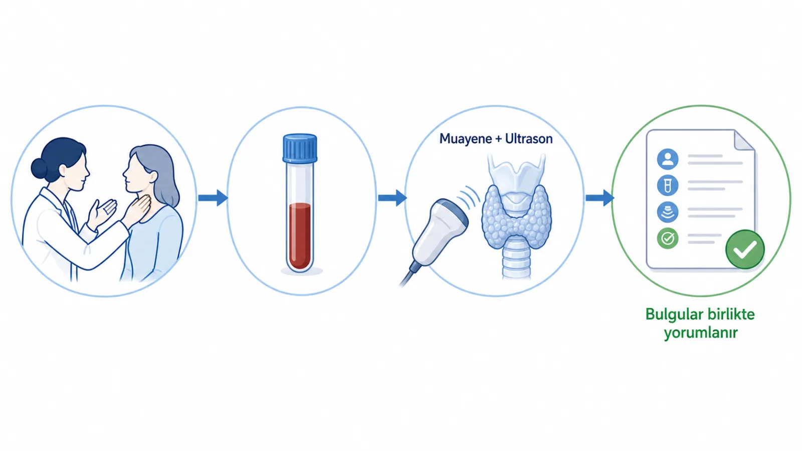 Öykü, muayene, kan testi, ultrason ve gerektiğinde biyopsinin birlikte değerlendirilmesini gösteren akış şeması