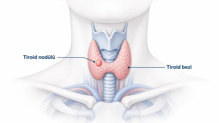 Boynun ön yüzünde tiroid bezini ve içindeki küçük nodülü gösteren sade anatomik şema