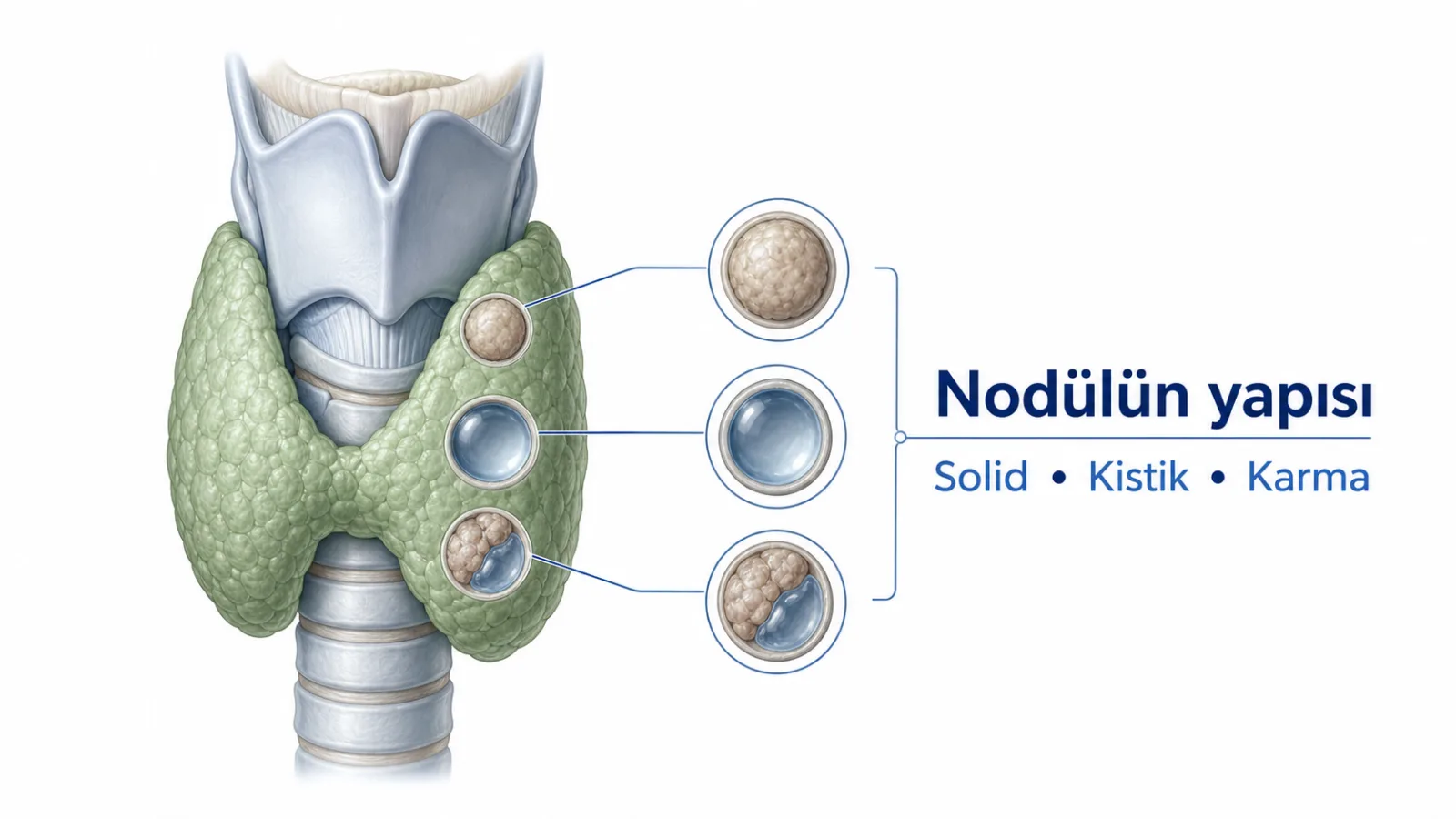 Tiroid bezinde solid, kistik ve karma yapılı nodülün kesitini gösteren hasta dostu anatomik illüstrasyon