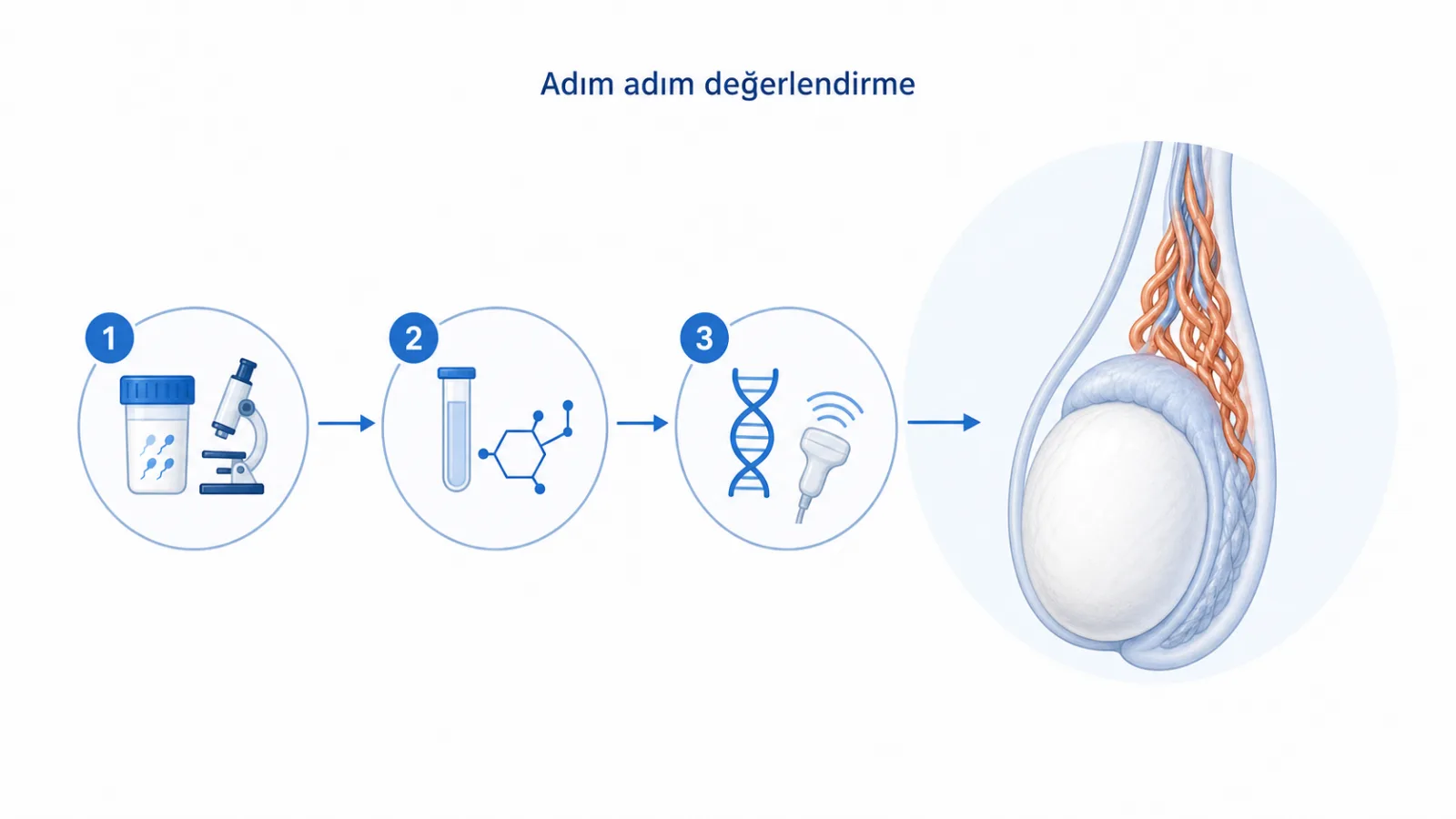 Azospermi değerlendirmesinde semen analizi, hormon ve gereken ek incelemeleri gösteren akış illüstrasyonu