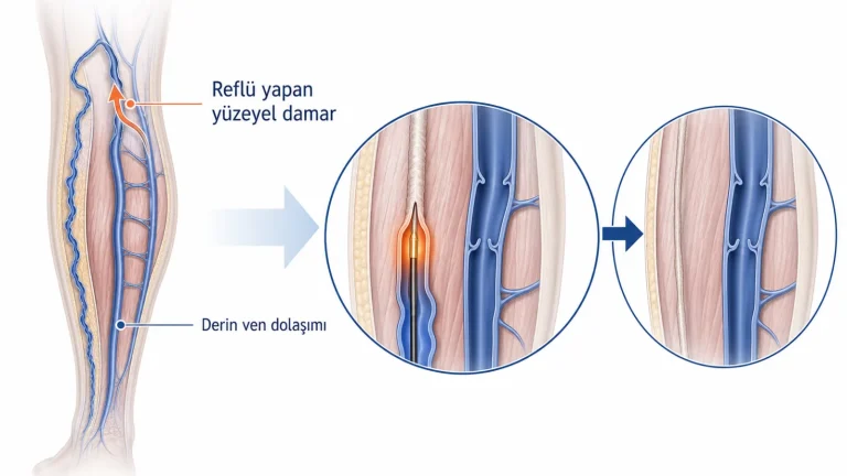 Bacak toplardamarlarının sade anatomik çiziminde reflü yapan yüzeyel damar ve derin ven dolaşımı ayrımı