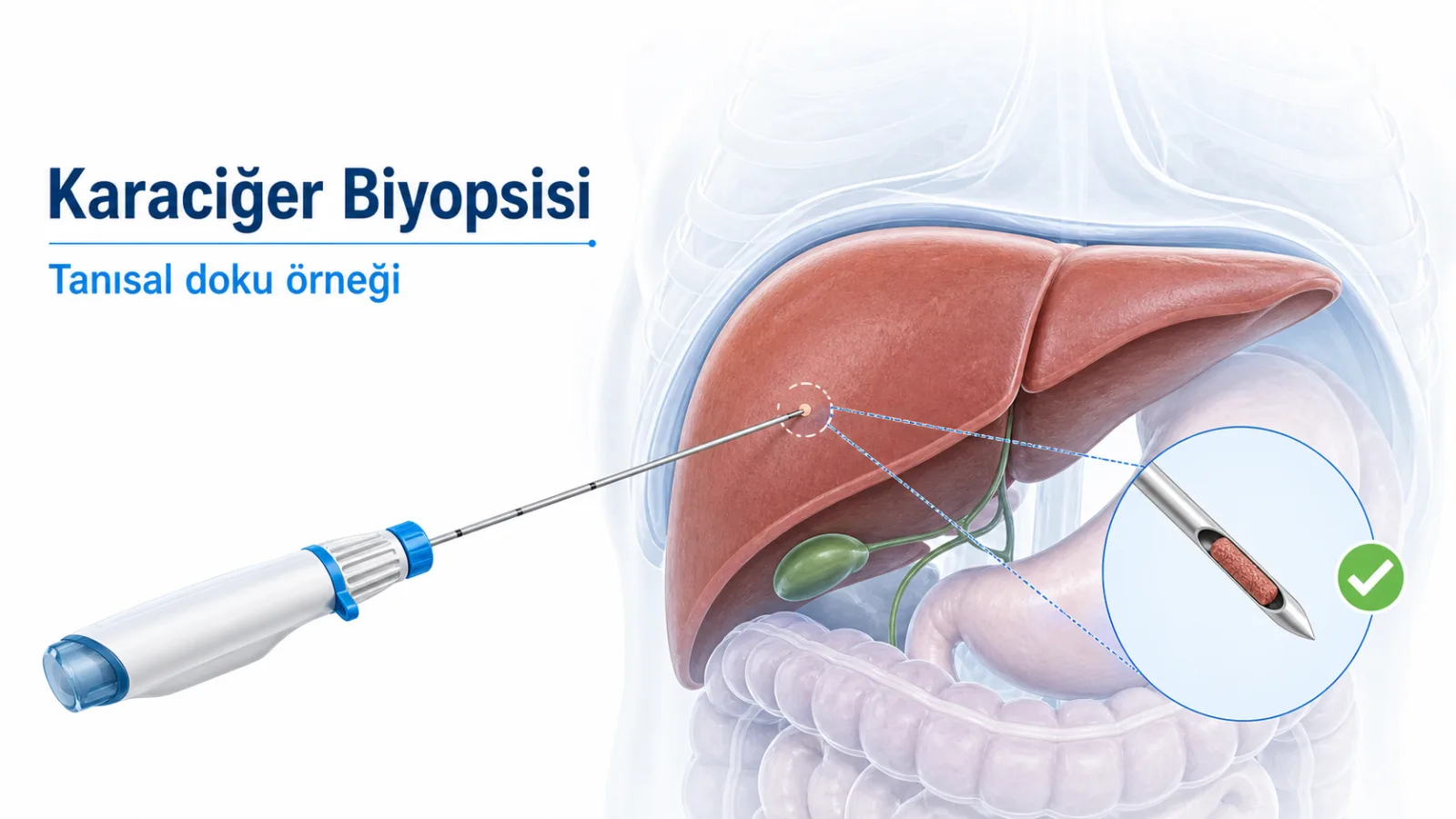 Karaciğerde güvenli hedefe ilerleyen biyopsi iğnesi ve alınan tanısal doku örneğini gösteren anatomik illüstrasyon