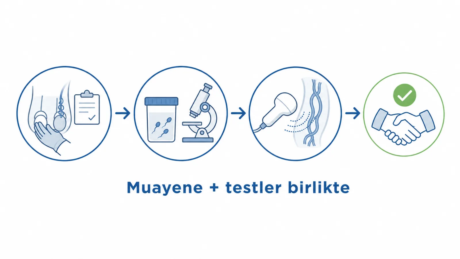 Muayene, semen analizi ve Doppler bulgularını gösteren varikosel değerlendirme akışı
