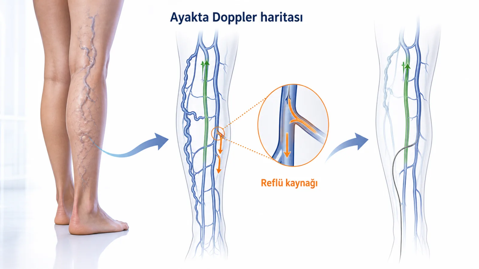 Ayakta yapılan Doppler haritasında yüzeyel ve derin venlerin, reflü kaynağının ve tedavi planlamasının birlikte değerlendirildiğini gösteren şema.