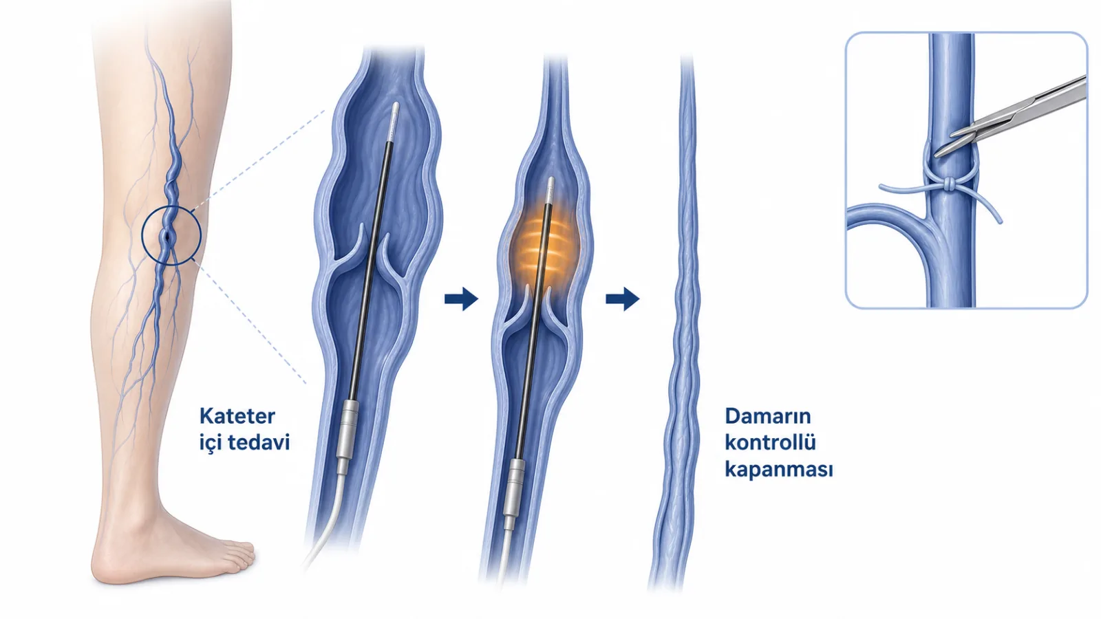 Endovenöz kateterin varisli damar içinde ilerletilmesini ve kontrollü enerjiyle damarın kapanma sürecini gösteren tıbbi şema.