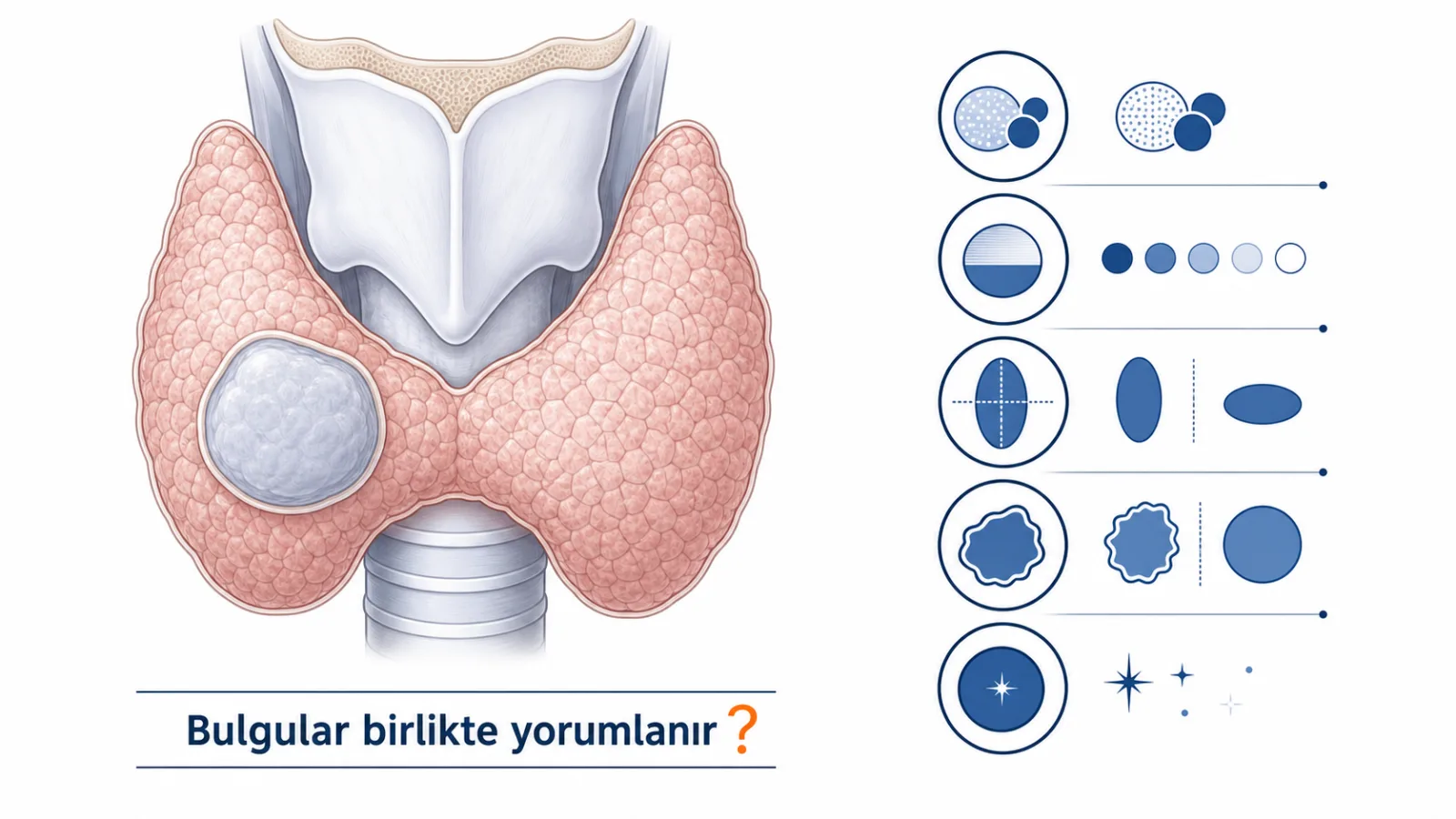 Tiroid nodülünde kompozisyon, ekojenite, şekil, kenar ve ekoik odakların birlikte yorumlandığını gösteren şema