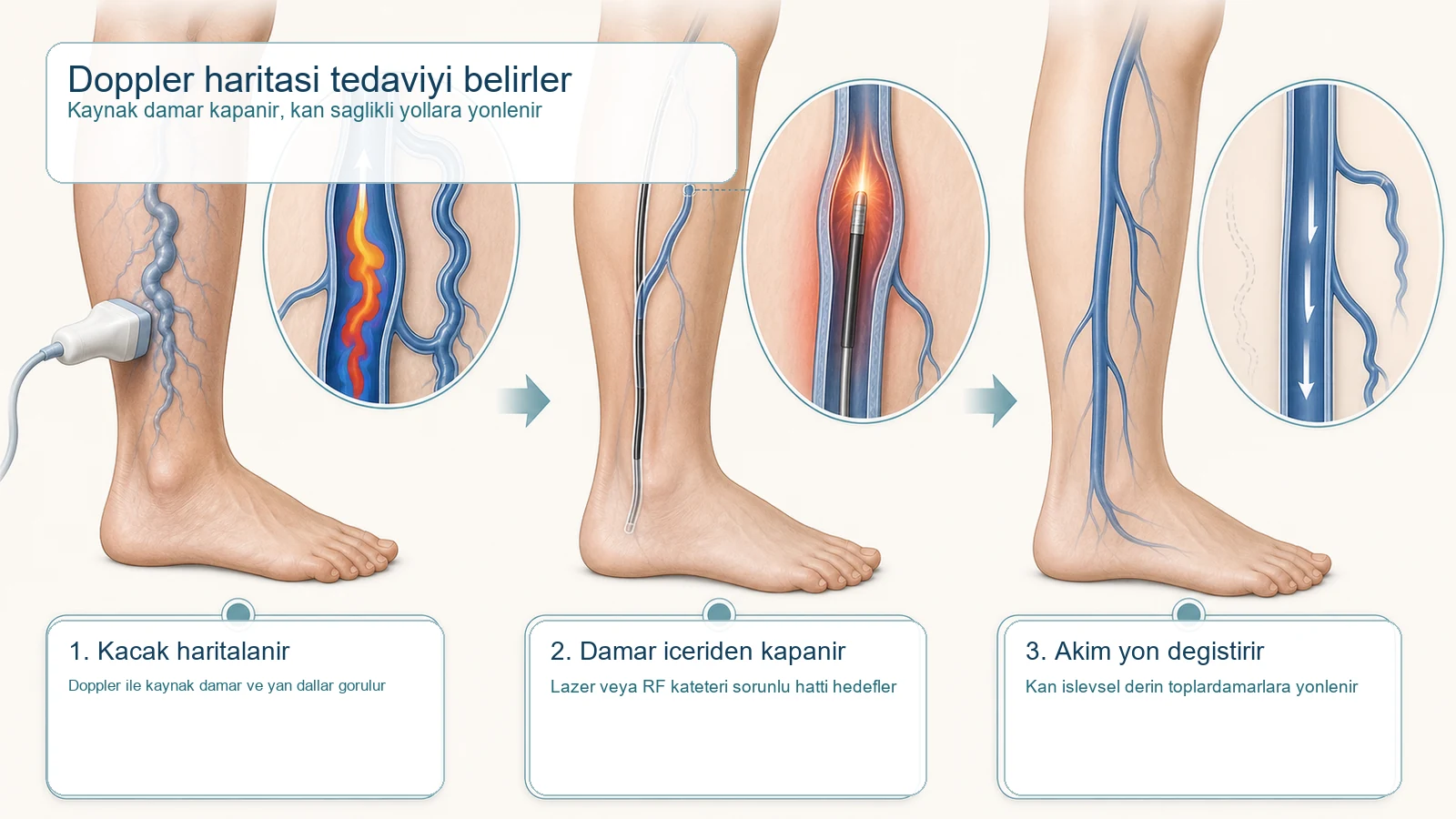 Doppler ile kaçak damar haritasının çıkarılması, kateterle damar kapatma ve kan akımının sağlıklı toplardamarlara yönlenmesini gösteren üç aşamalı şema