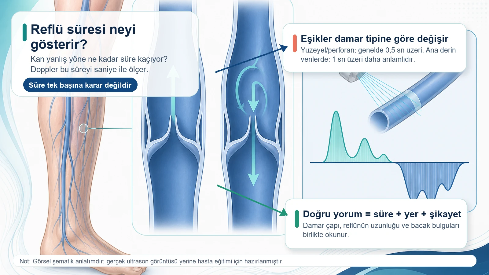 Varis Dopplerinde reflü süresinin kanın geri kaçış süresini gösterdiğini anlatan şematik görsel