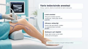 Varis tedavisinde lokal anestezi, genel anestezi ve konfor takibini anlatan açıklamalı görsel