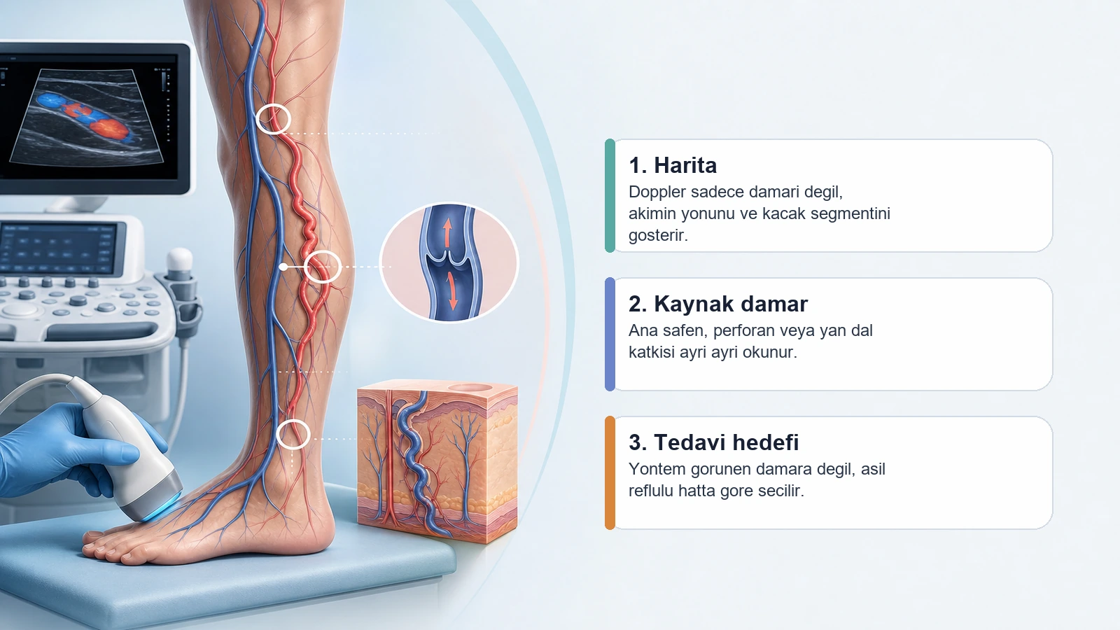 Venöz Reflü Nedir, Nasıl Tedavi Edilir? için lazer ve radyofrekans enerjisinin damar icinde nasil etki ettigini açıklayan premium medikal görsel
